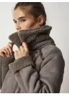 PELUŞ YAKA KEMERLİ GRİ NUBUK BİKER CEKET