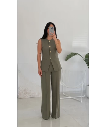 Karma Düğme Yelek Pantolon Takım - Haki