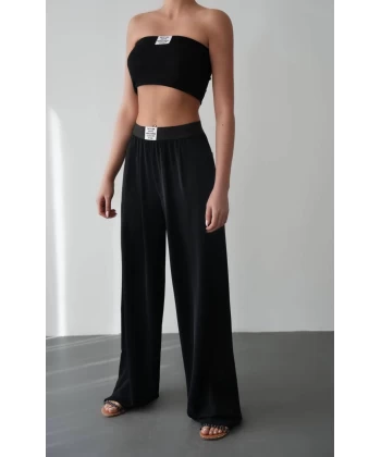 Beli Lastikli Bol Paça Siyah Pantolon