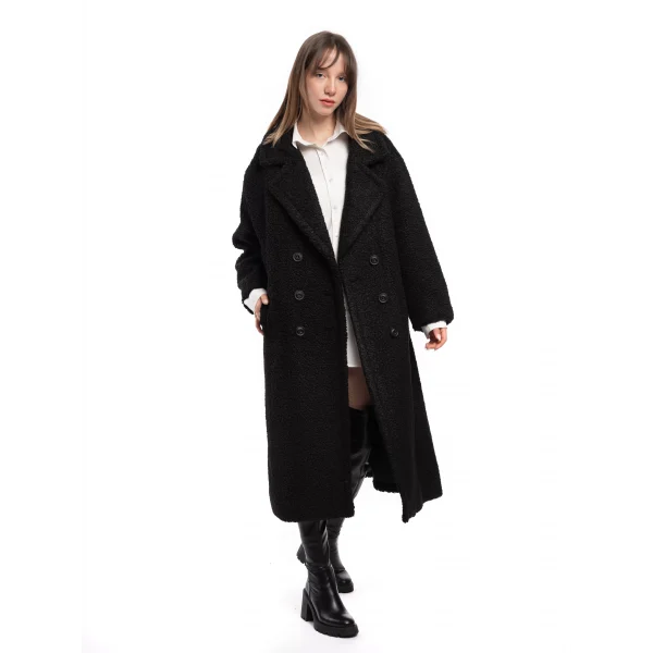 Yün Karışımlı Düğmeli Peluş Kaban Siyah