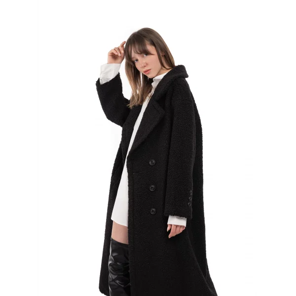 Yün Karışımlı Düğmeli Peluş Kaban Siyah