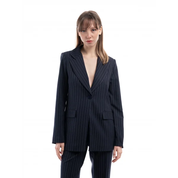 Premium Kumaş Çizgili Lacivert Ceket Pantolon Takım