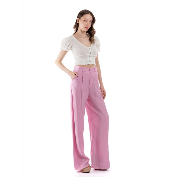 Piliseli Bol Paça Rahat Kesim Pembe Pantolon