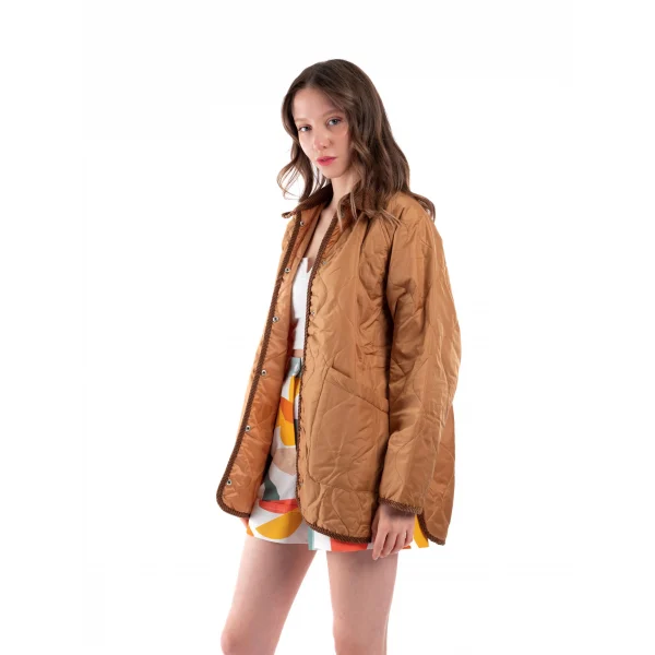 Oversize Kapitone Kadife Yaka Kahverengi Ceket