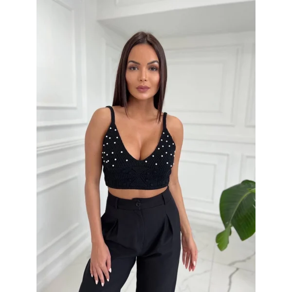 Siyah İnci Detay Triko Crop