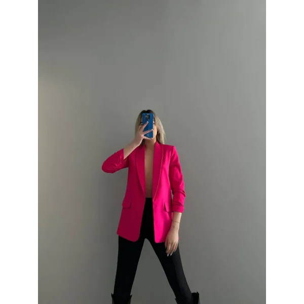 Atlas Kumaş Astarlı Büzgü Kol Tam Kalıp Fuşya Blazer Ceket
