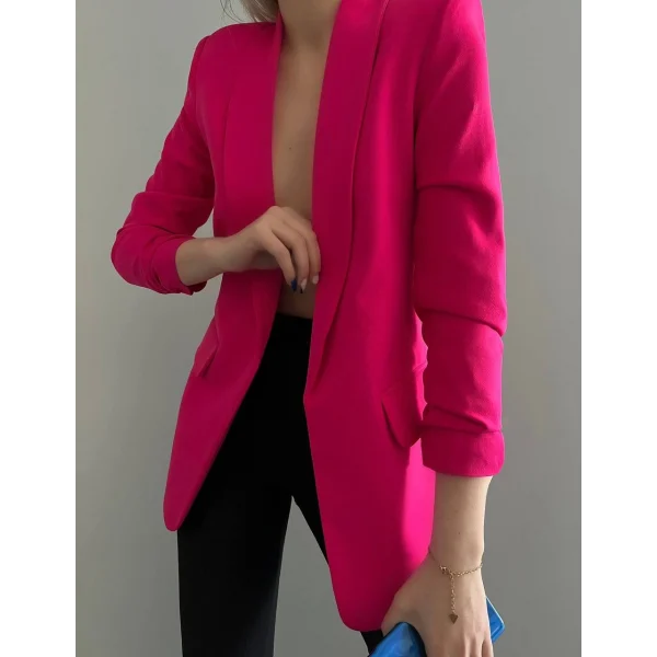 Atlas Kumaş Astarlı Büzgü Kol Tam Kalıp Fuşya Blazer Ceket