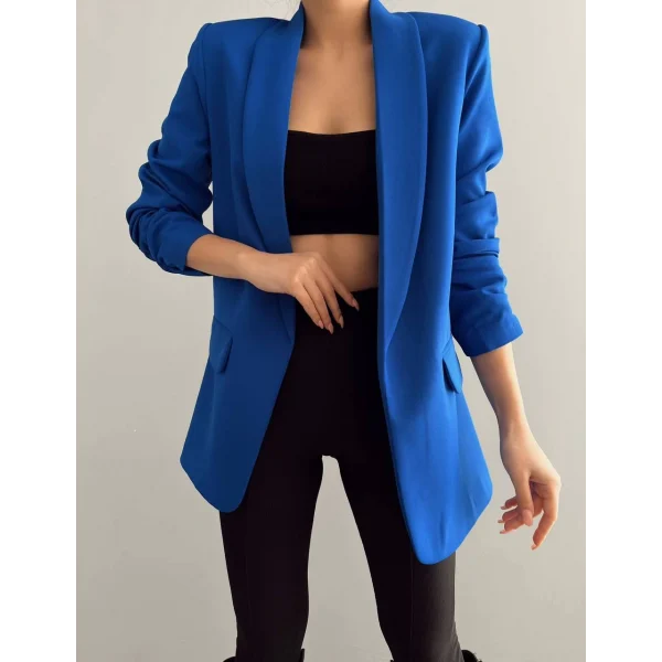 Atlas Kumaş Astarlı Büzgü Kol Tam Kalıp Saks Mavi Blazer Ceket