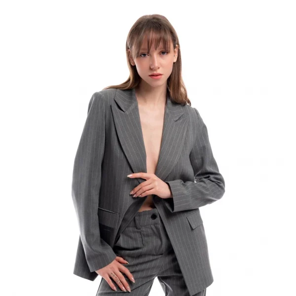 Premium Kumaş Çizgili Gri Blazer Ceket