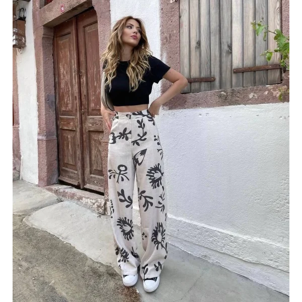 Siyah Çiçek Desenli Krem Palazzo Keten Pantolon