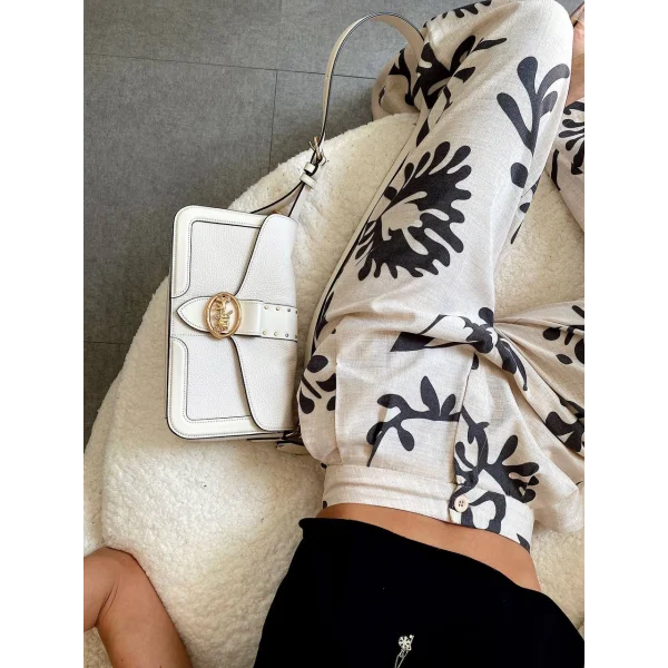 Siyah Çiçek Desenli Krem Palazzo Keten Pantolon