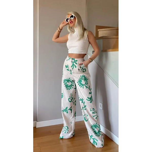 Yeşil Çiçek Desenli Krem Palazzo Keten Pantolon