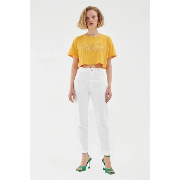 Gabardin Mom Jean Beyaz