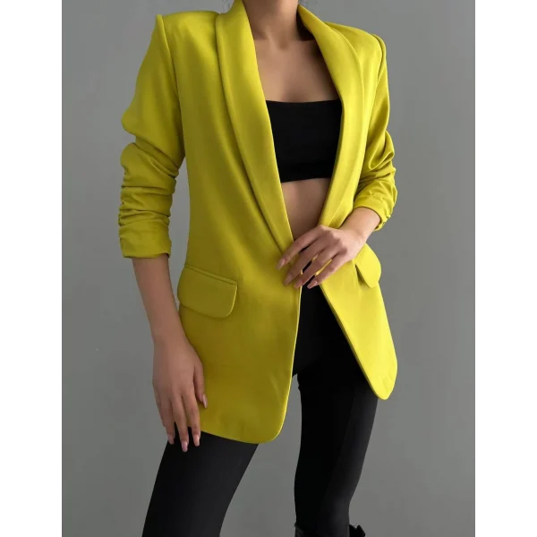 Atlas Kumaş Astarlı Büzgü Kol Tam Kalıp Hardal Blazer Ceket