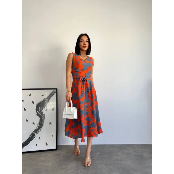 Desenli Keten Karışım Elbise