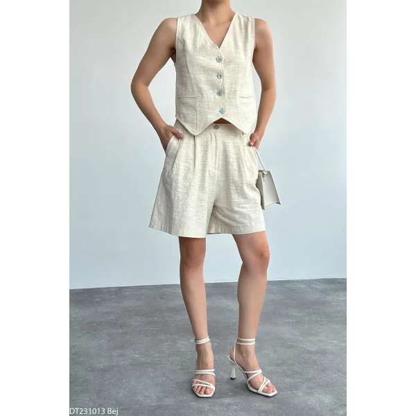 Ekru Keten Şort Yelek Takım