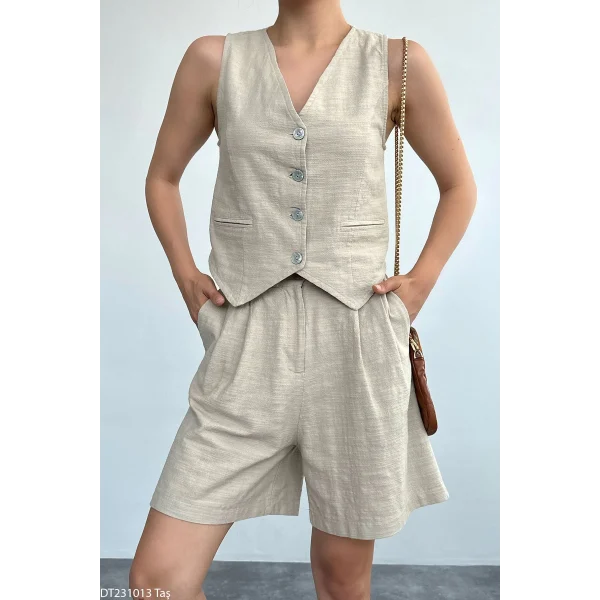Ekru Keten Şort Yelek Takım