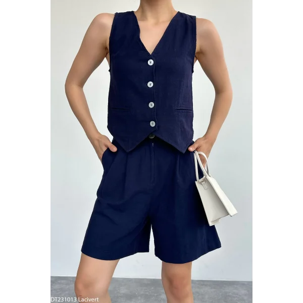 Lacivert Keten Şort Yelek Takım