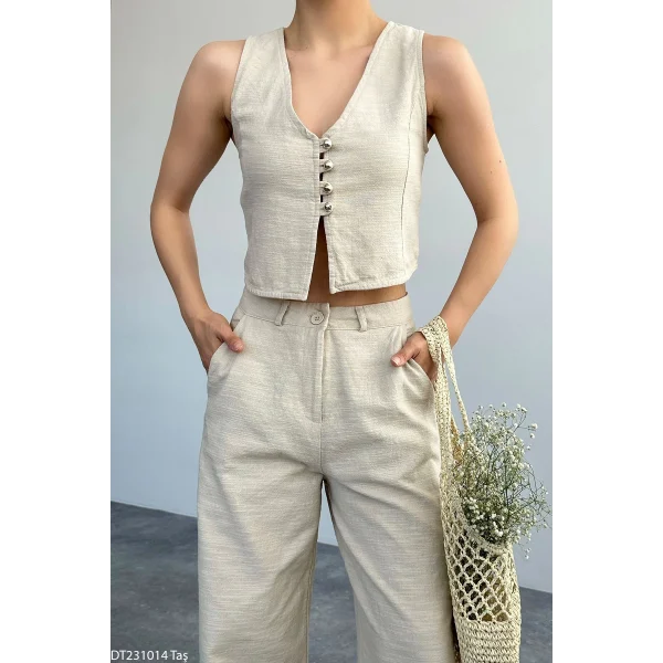 Ekru Keten Pantolon Yelek Takım