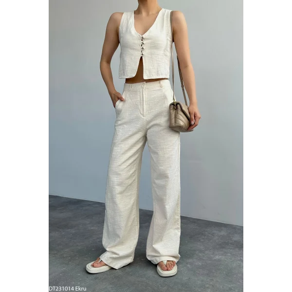 Ekru Keten Pantolon Yelek Takım