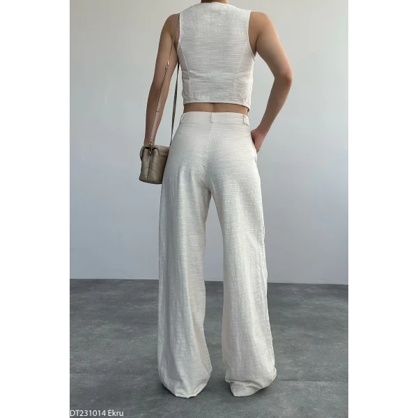 Ekru Keten Pantolon Yelek Takım