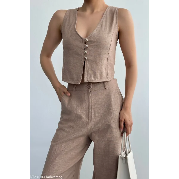 Kahverengi Keten Yelek Pantolon Takım