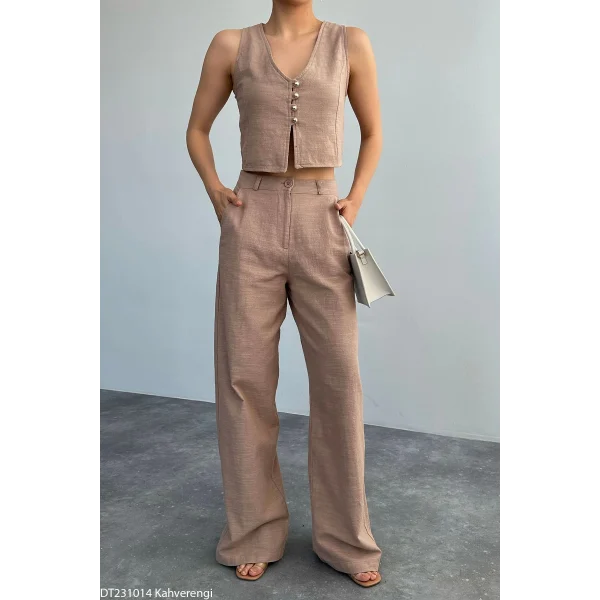 Kahverengi Keten Yelek Pantolon Takım