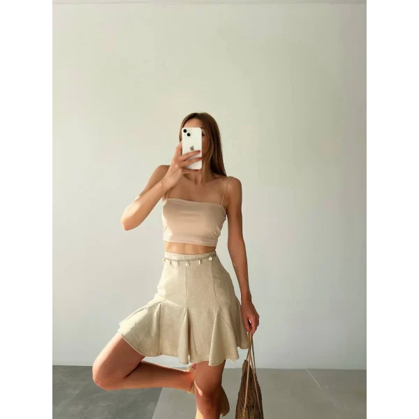 Volanlı Zincir Detaylı Keten Şort Etek