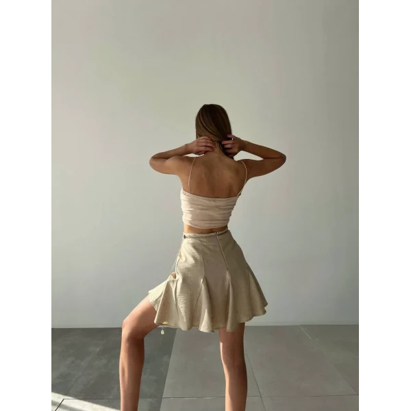 Volanlı Zincir Detaylı Keten Şort Etek