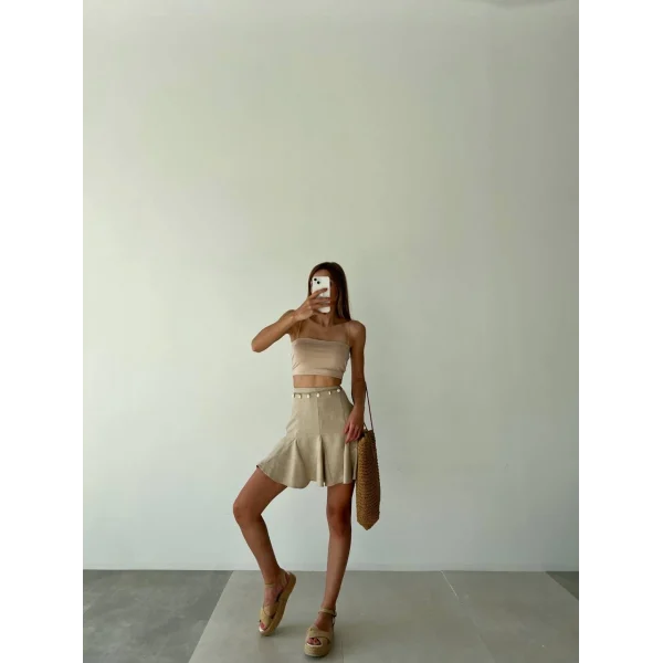 Volanlı Zincir Detaylı Keten Şort Etek
