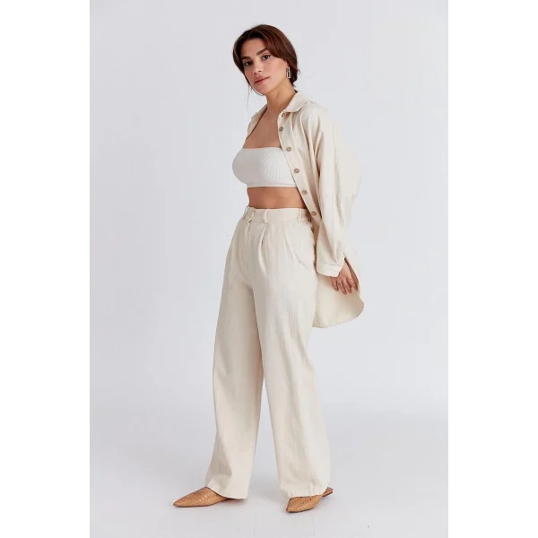 EKRU KALIN KETEN PALAZZO PANTOLON