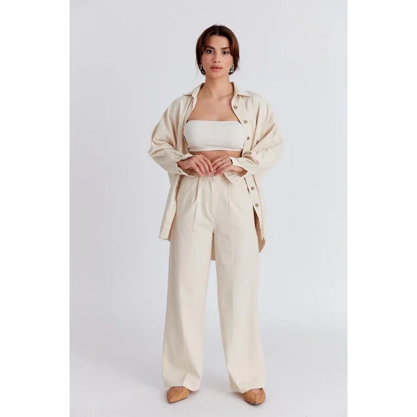 EKRU KALIN KETEN PALAZZO PANTOLON