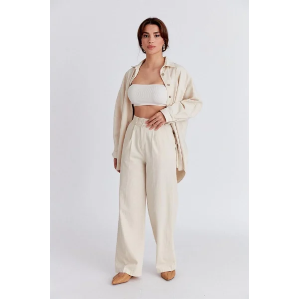 EKRU KALIN KETEN PALAZZO PANTOLON