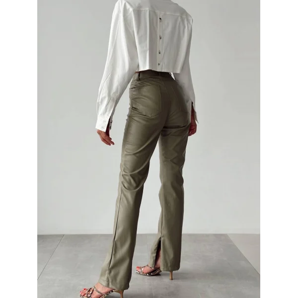 YÜKSEL BEL DERİ PANTOLON HAKİ