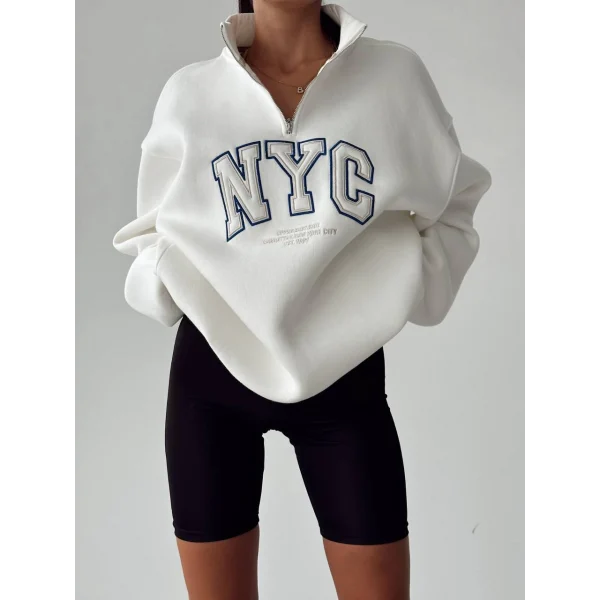 NYC Baskılı Fermuarlı Beyaz Sweatshirt