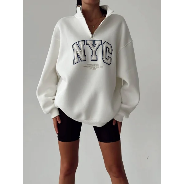 NYC Baskılı Fermuarlı Beyaz Sweatshirt