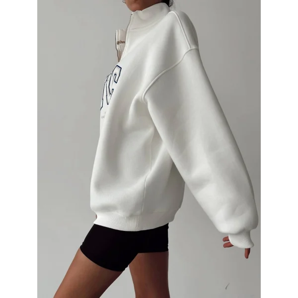 NYC Baskılı Fermuarlı Beyaz Sweatshirt