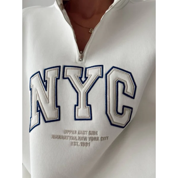 NYC Baskılı Fermuarlı Beyaz Sweatshirt