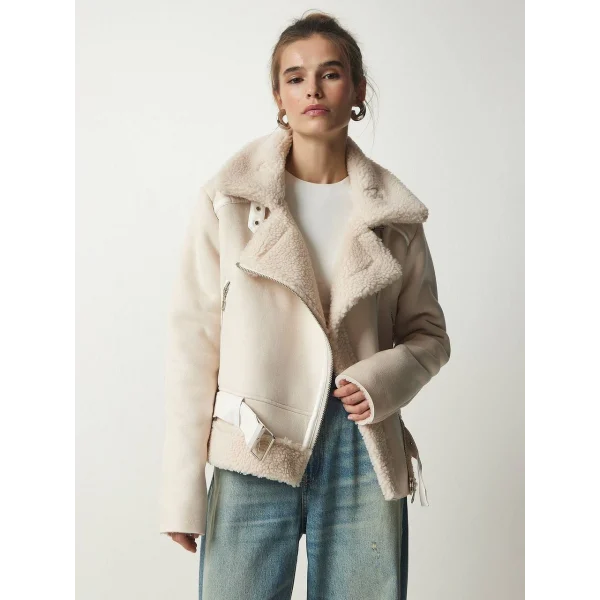 PELUŞ YAKA KEMERLİ EKRU NUBUK BİKER CEKET