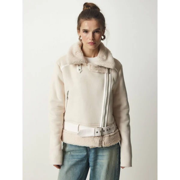 PELUŞ YAKA KEMERLİ EKRU NUBUK BİKER CEKET