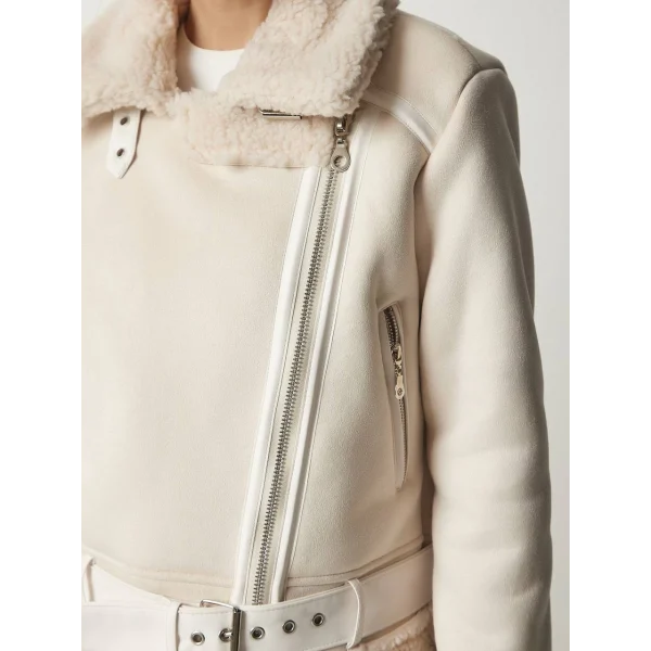 PELUŞ YAKA KEMERLİ EKRU NUBUK BİKER CEKET