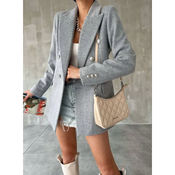 KAŞE DÜĞMELİ ASTARLI GRİ BLAZER CEKET KABAN