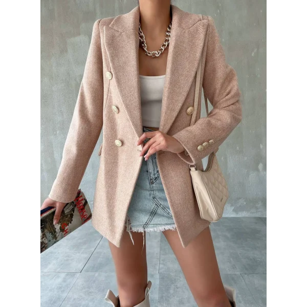 DÜĞMELİ ASTARLI KAHVERENGİ BLAZER KAŞE CEKET KABAN