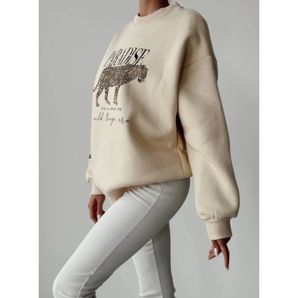 BASKI DETAYLI TAŞ RENK PAMUKLU SWEATSHİRT