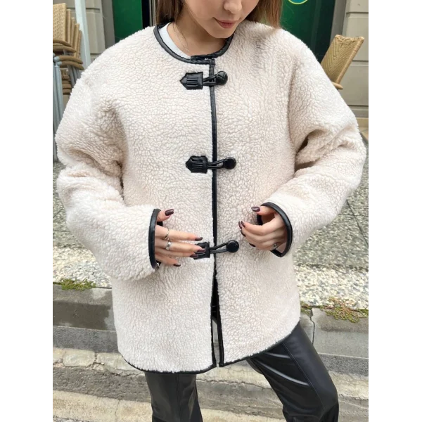 EKRU PELUŞ DÜĞMELİ CEKET