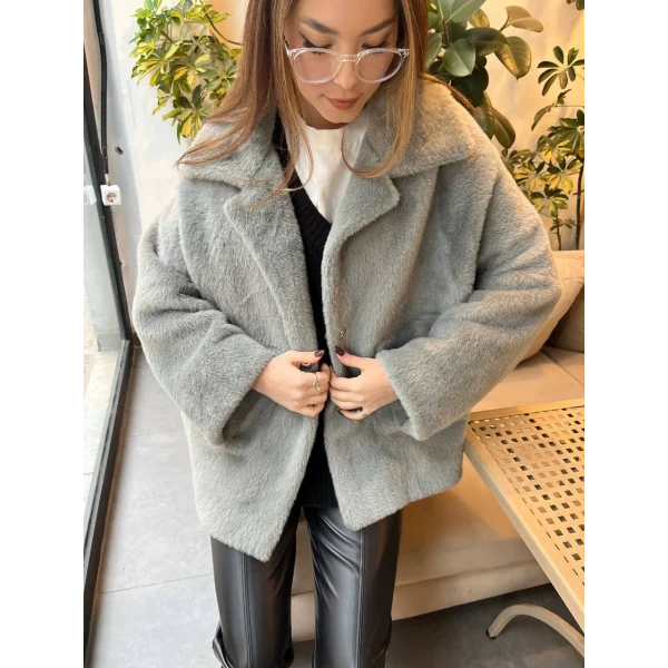 ALPAKA UZUN TÜYLÜ CEPLİ CEKET GRİ