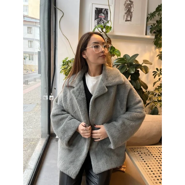 ALPAKA UZUN TÜYLÜ CEPLİ CEKET GRİ