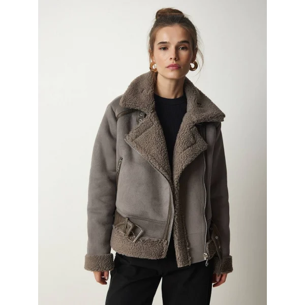 PELUŞ YAKA KEMERLİ GRİ NUBUK BİKER CEKET