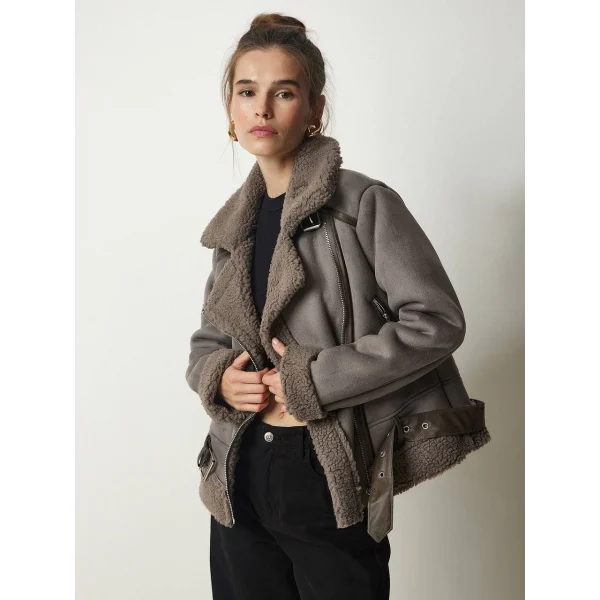 PELUŞ YAKA KEMERLİ GRİ NUBUK BİKER CEKET