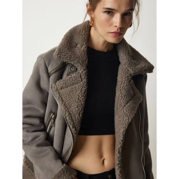 PELUŞ YAKA KEMERLİ GRİ NUBUK BİKER CEKET